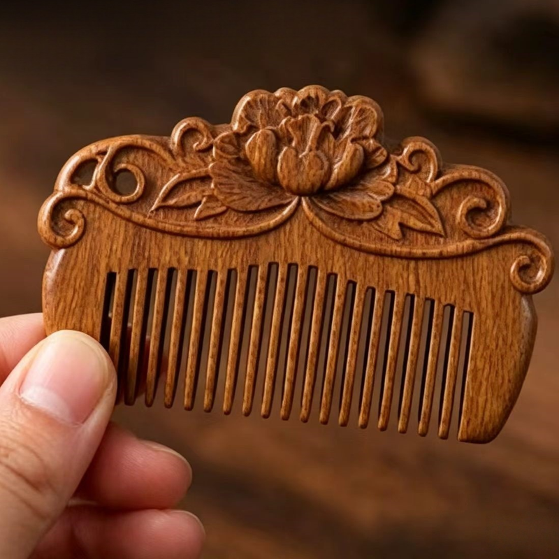 8cm Mini Carved Sandalwood Comb, Vintage Peony Flower 3D Engraved Portable Anti-Static Wooden Scalp Massage Comb Kemu |Fashion Home Kitchen Beauty