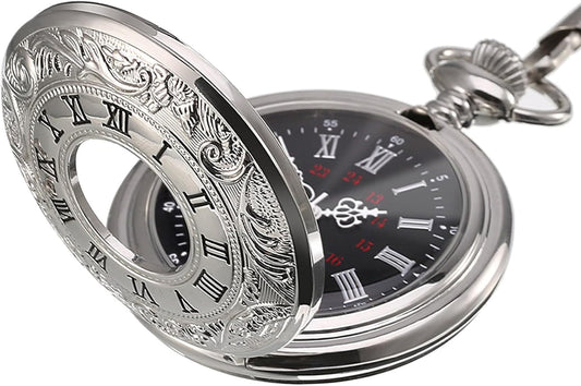 Vintage Pocket Watch Steel Men Watch with Chain (Silver) Kemu |Fashion Home Kitchen Beauty