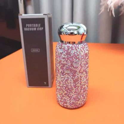 Pink Handmade Luxury Diamond Insulated Water Bottle – Bling Rhinestone 304 Stainless Steel Pocket Mug (260ml) Kemu |Fashion Home Kitchen Beauty
