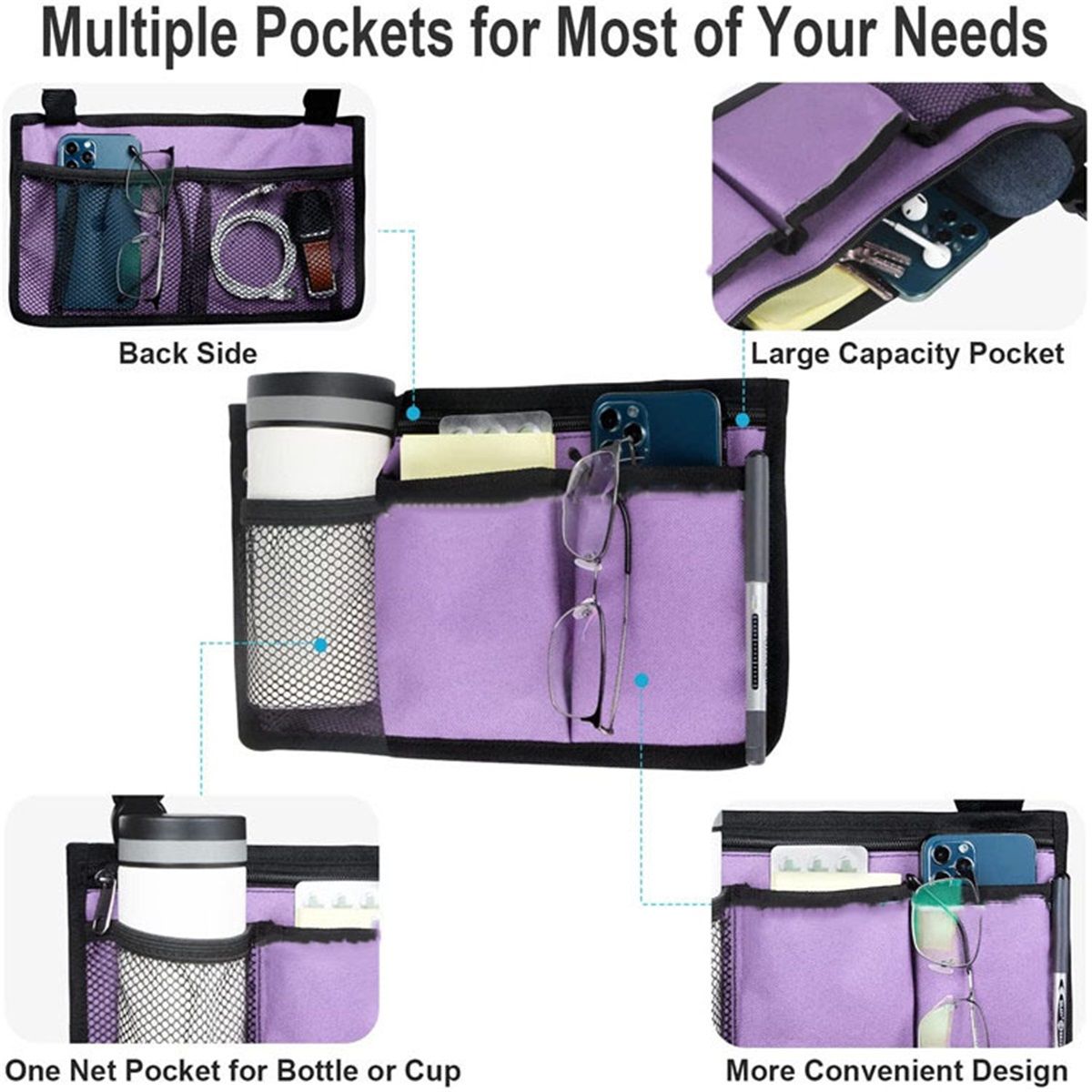 Wheelchair Side Bag, Armrest Storage Pouch with Cup Holder Use of Waterproof Fabric, for Most Wheelchairs, Walkers or Rollators (Purple) Kemu |Fashion Home Kitchen Beauty
