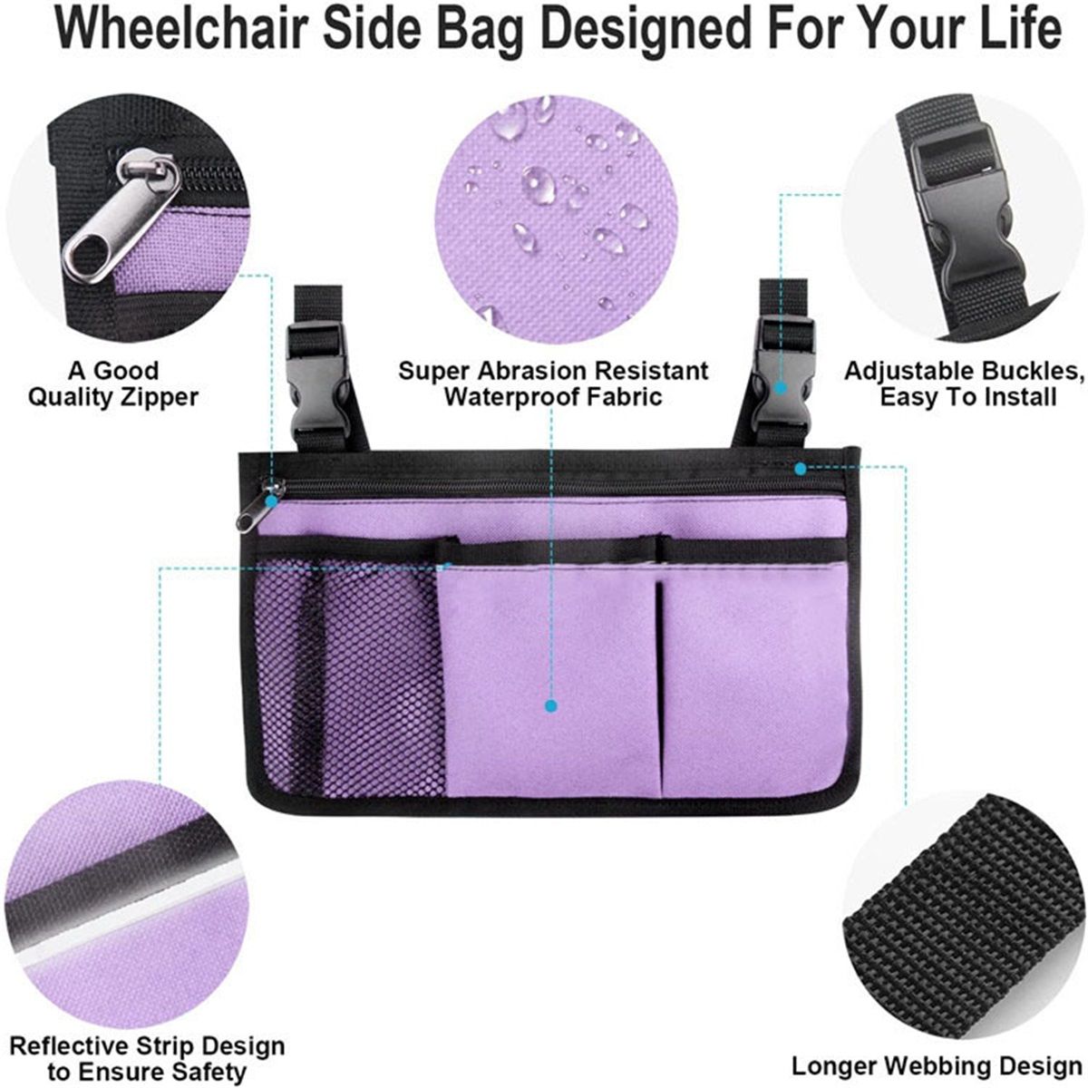 Wheelchair Side Bag, Armrest Storage Pouch with Cup Holder Use of Waterproof Fabric, for Most Wheelchairs, Walkers or Rollators (Purple) Kemu |Fashion Home Kitchen Beauty