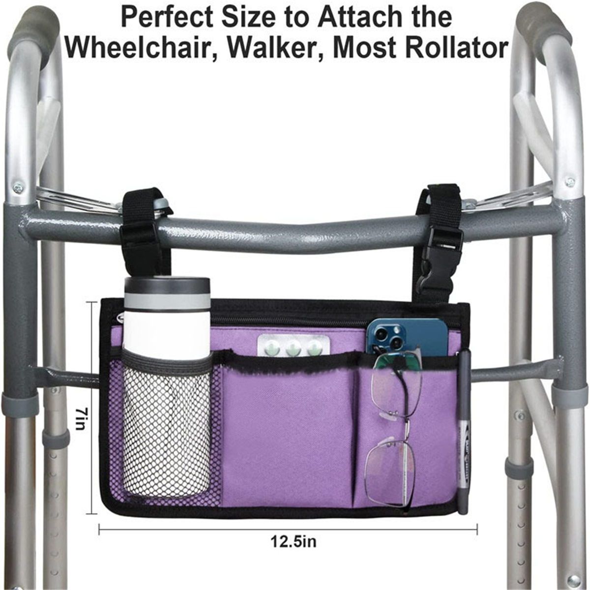 Wheelchair Side Bag, Armrest Storage Pouch with Cup Holder Use of Waterproof Fabric, for Most Wheelchairs, Walkers or Rollators (Purple) Kemu |Fashion Home Kitchen Beauty