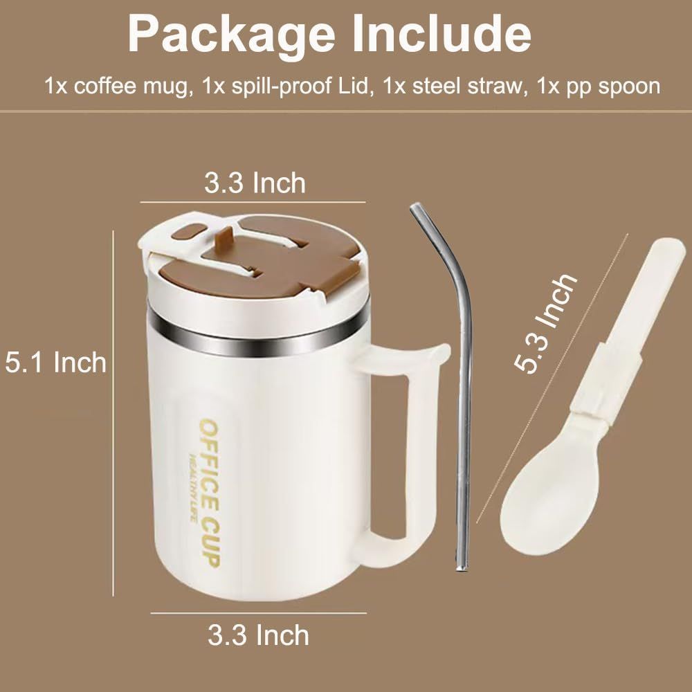 White and Brown 16oz Stainless Steel Office Mug with Phone Stand Lid, Straw and Spoon - 500ML Double Wall Insulated Coffee Cup, Wide Handle and 3 Drinking Ways Kemu |Fashion Home Kitchen Beauty