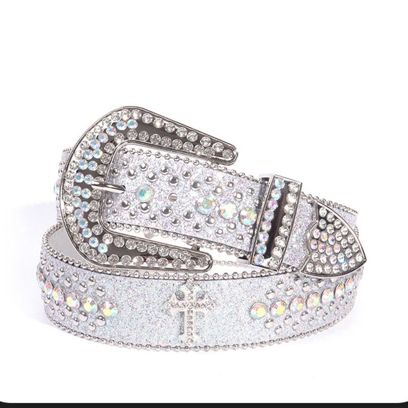 Y2K Bling Rhinestone Belt for Women Glitter Cross Studded Waist Strap Croc Texture Adjustable 105cm Dress Belt-White Kemu |Fashion Home Kitchen Beauty