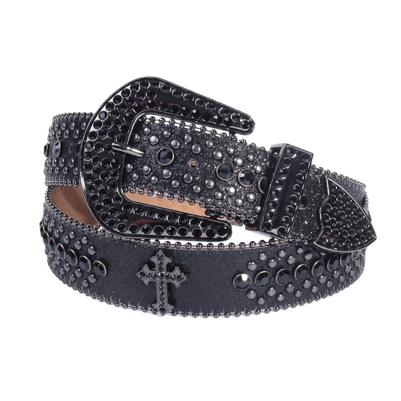 Y2K Rhinestone Belt for Women – Glitter Cross Studded, Croc Texture, Adjustable 115cm | Black Kemu |Fashion Home Kitchen Beauty
