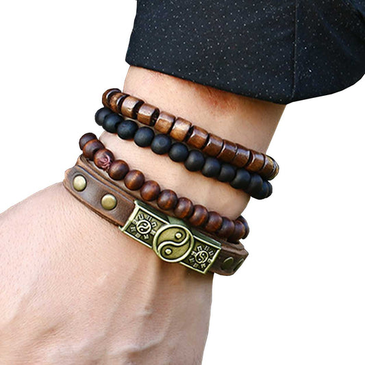 4-pack handmade leather bracelets for men with wooden beads, brown - Compatible with iPhone brown Kemu |Fashion Home Kitchen Beauty