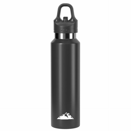 A matte black insulated water bottle with a matching black screw-on lid and carrying loop, featuring a small white mountain logo near the bottom, shown on a plain white background.