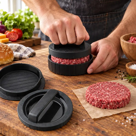 A person using a black burger press mold to form a raw beef patty on a wooden table, with the black lid placed beside it and additional burger ingredients nearby.