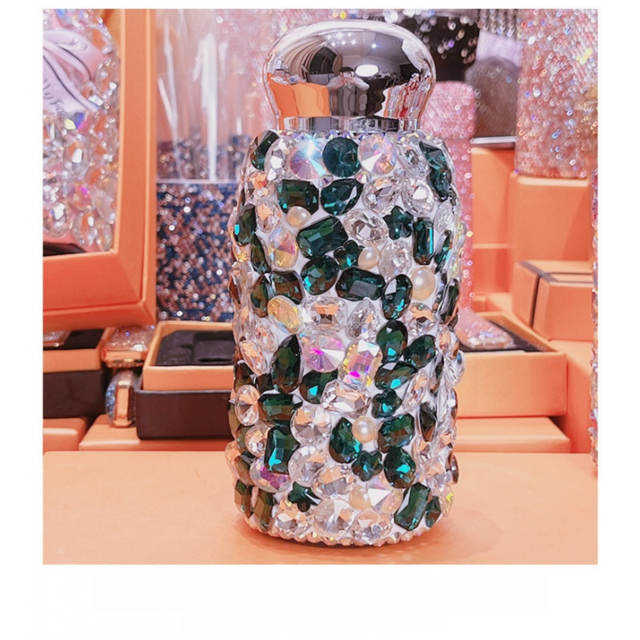Green Square Crystal Handmade Luxury Diamond Insulated Water Bottle – Bling Rhinestone 304 Stainless Steel Pocket Mug (260ml) Kemu |Fashion Home Kitchen Beauty