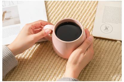 A person holds a light pink ceramic mug filled with black coffee over a beige knit blanket, with open books in the background.