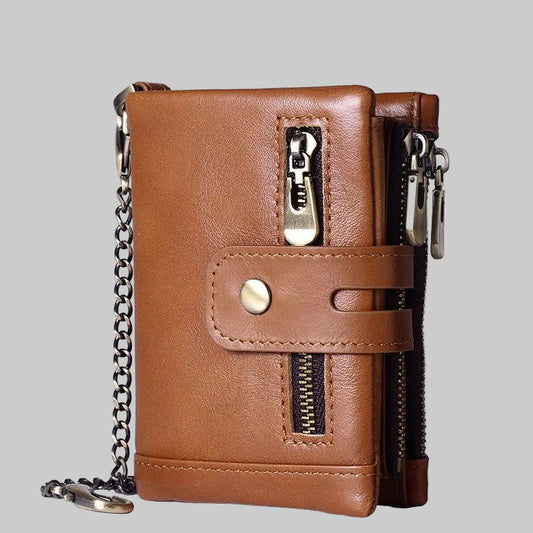 Light Brown RFID Blocking Leather Wallet for Men - Vertical Oil Wax Cowhide Bifold Wallet with Double Zipper, Card Slots & Coin Pocket Kemu |Fashion Home Kitchen Beauty