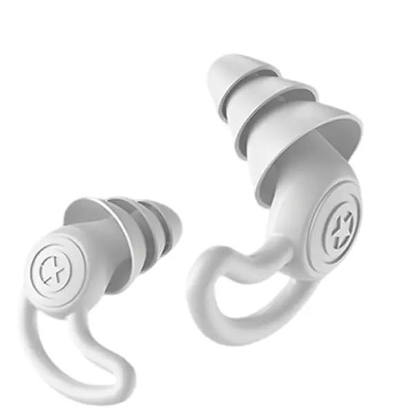 A pair of white wireless earbuds with ergonomic silicone ear hooks and multiple sizes of ear tips, shown on a solid white background.