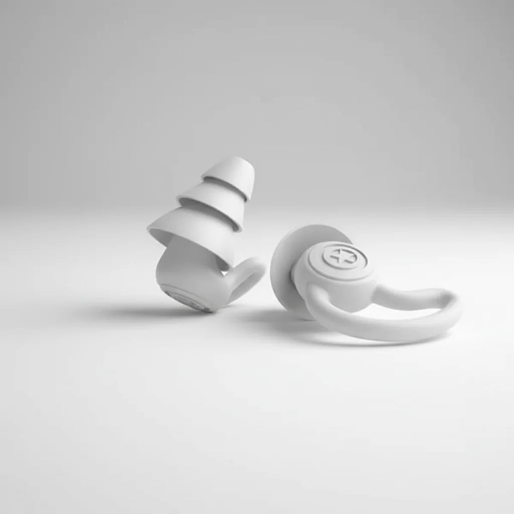 A pair of white wireless earbuds with curved ear hooks and concentric ear tips, displayed on a clean light gray studio background.