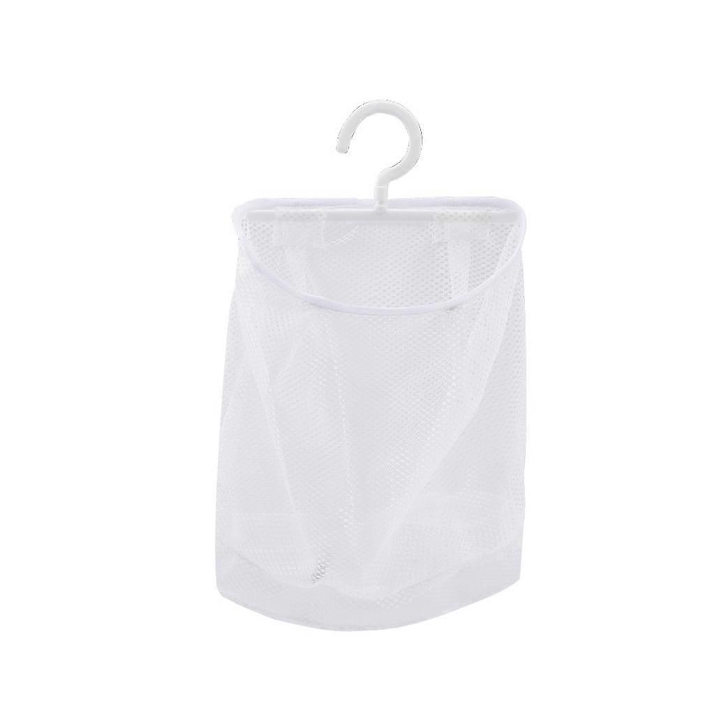 A white mesh hanging laundry bag with a white plastic hook, shown against a plain white background.