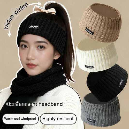 A woman models a black wide-brim knit headband with a small bow and the word CRANKA visible on the front, paired with a black scarf. The image includes stacked color variants of the headband in beige, cream, black, and gray, with text describing the product as a confinement headband, windproof, and highly resilient.